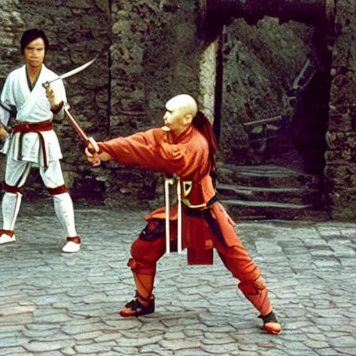 Image similar to xianxia fantasy, xuanhuan martial artist fighting european knight, chinese swordsman fighting medieval european swordsman, fantasy, wuxia, pseudo - medieval fantasy, cinematic, 1 9 8 6 movie screenshot, french swordsman fighting chinese swordsman