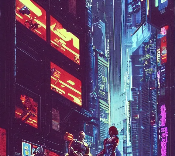 Image similar to a portrait of a cyberpunk epic Friday night firefight, Night City, cyberpunk 2077, very very coherent painting, 1979 OMNI Magazine Cover, street level neo-Tokyo in Cyberpunk 2045 style by Vincent Di Fate by mark arian by artgerm in the style of Gustavo Dore, 4k, 8k, HD, trending on artstation