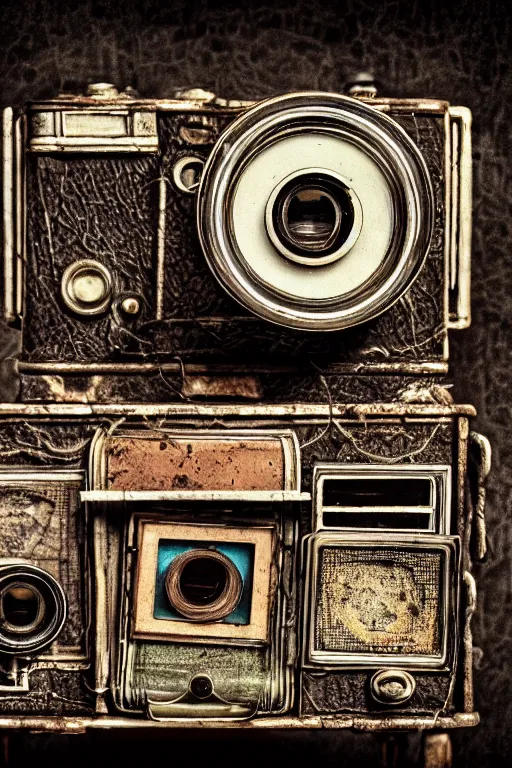 Prompt: A photo of an antique opened camera with film, vacuum tubes, capacitors and coils inside by Annie Lebovitz and Steve McCurry, grungy, weathered Ultra detailed, hyper realistic, 4k