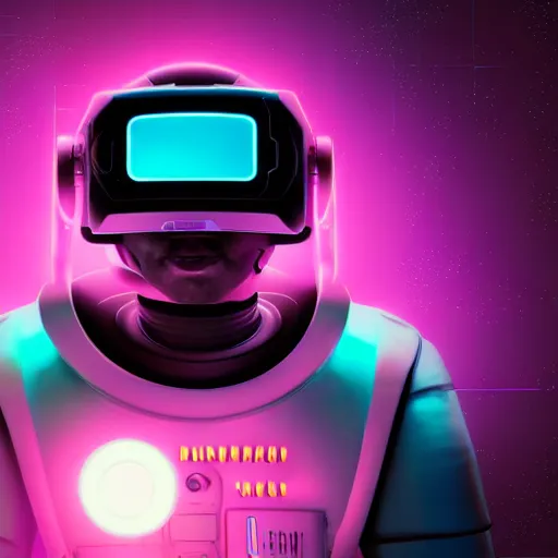 Image similar to cyberpunk astronaut bot, cinema 4 d, galaxy space sci - fi, wearing vr goggles, illustration, portrait, pastel neon textured background night, detailed,