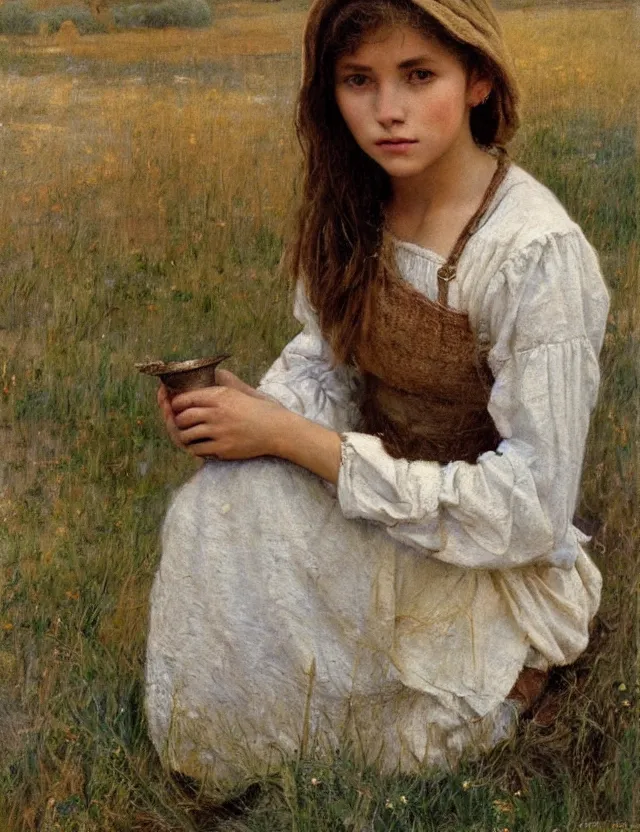 Image similar to peasant girl painting on a canvas, cottage core, cinematic focus, polaroid photo bleached vintage pastel colors high - key lighting, soft lights, foggy, by steve hanks, by lisa yuskavage, by serov valentin, by tarkovsky, detailed, oil on canvas