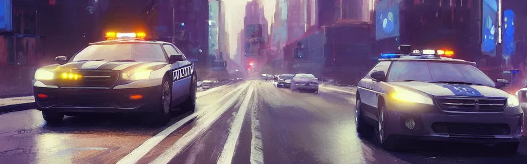 Prompt: a police car speeding down a new york road with sirens on. epic cinematic hyperrealism masterpiece. realistic poster with shaded lighting by craig mallismo, artgerm, jeremy lipkin and michael garmash, unreal engine, radiant light, detailed and complex environment, digital art, art station trends, detailed faces, detailed eyes, lens flare, motion blur, night