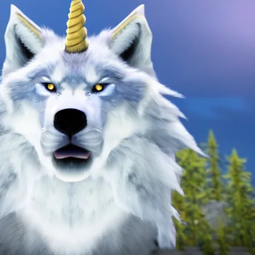 Image similar to a giant blue wolf with a white main and two unicorn horns, a white star shape on its forehead, yellow eyes, beautiful, ultra realistic, great wolf, unreal engine 5, dynamic lighting, highly detailed, lightning around