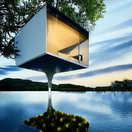 Prompt: ” water floating futuristic house surrounded by water ”