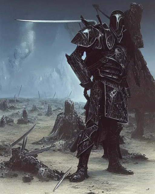 Image similar to a heavily armoured death knight standing in a battlefield of fallen, by thomas cole and wayne barlowe