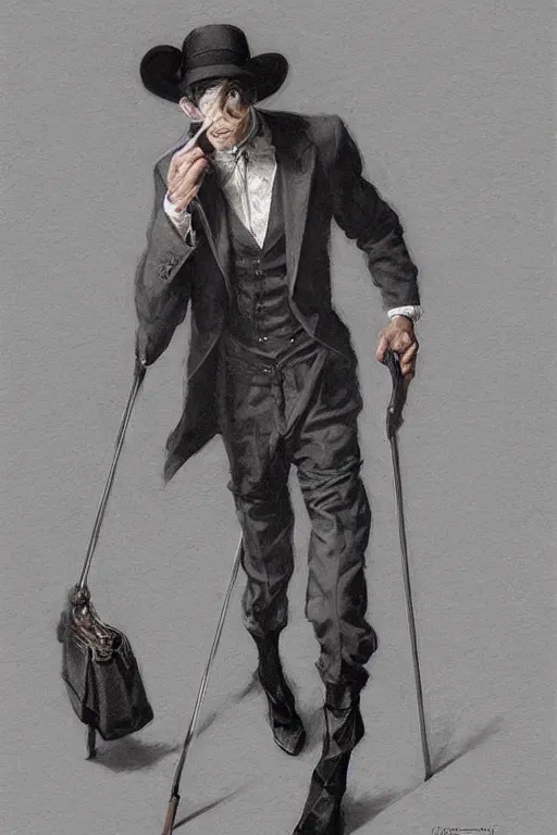 Image similar to skinny man with a cane, long dark hair, 1 9 2 0 s fashion, elegant, highly detailed, intricate, smooth, sharp focus, artstation, digital paining, concept art, art by donato giancola, greg rutkowski, artgerm, cedric peyravernay, valentina remenar, craig mullins