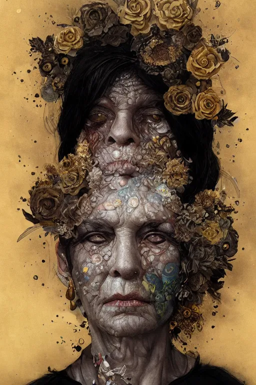 Image similar to portrait of hairy old woman with diluted aquarelle painted skin. close up. very dark black hair, large gold eyes. intricate dark flowers pattern on background, high detail, by Peter mohrbacher and Eddie Mendoza