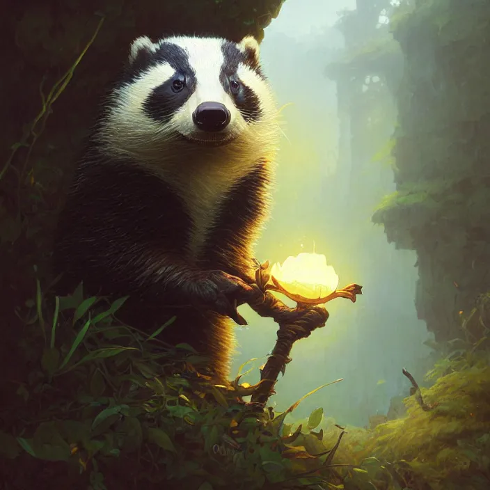 Image similar to highly detailed portrait of a cute badger, unreal engine, fantasy art by greg rutkowski, loish, rhads, ferdinand knab, makoto shinkai and lois van baarle, ilya kuvshinov, rossdraws, tom bagshaw, alphonse mucha, global illumination, radiant light, detailed and intricate environment