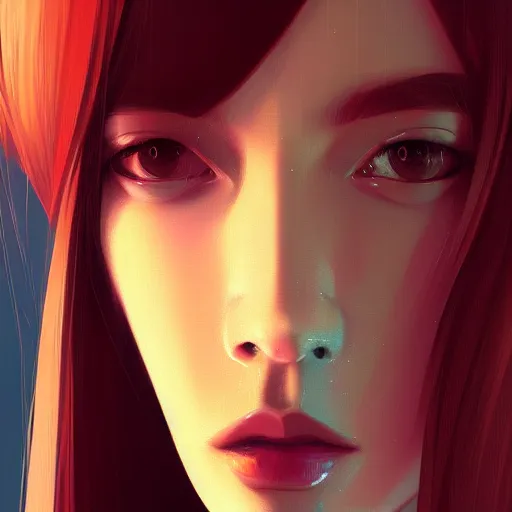 Image similar to portrait of beautiful girl with robot body by ilya kuvshinov, close up, portrait, cinematic, elegant, artstation, intricate, highly detailed, digital painting, artstation, concept art, sharp focus, illustration, cyberpunk, cgsociety, 8 k