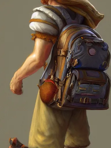 Prompt: a tinker carrying a giant backpack, full of trinkets and stuff heavy backpack. intricate, elegant, highly detailed, digital painting, artstation, concept art, sharp focus, illustration, by justin gerard and artgerm, 8 k