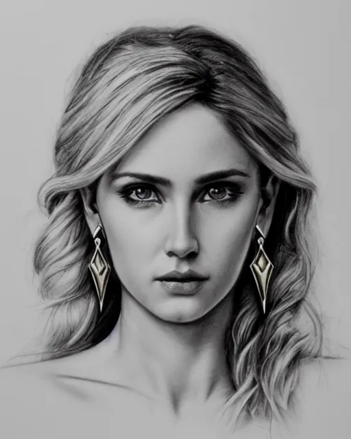 Image similar to pencil drawing of a beautiful greek goddess aphrodite with arrowhead earrings, beautiful piercing eyes, beautiful blonde hair, hyper realistic face, in the style of greg rutkowski, fantasy, amazing detail, epic, elegant, smooth, sharp focus, from the front