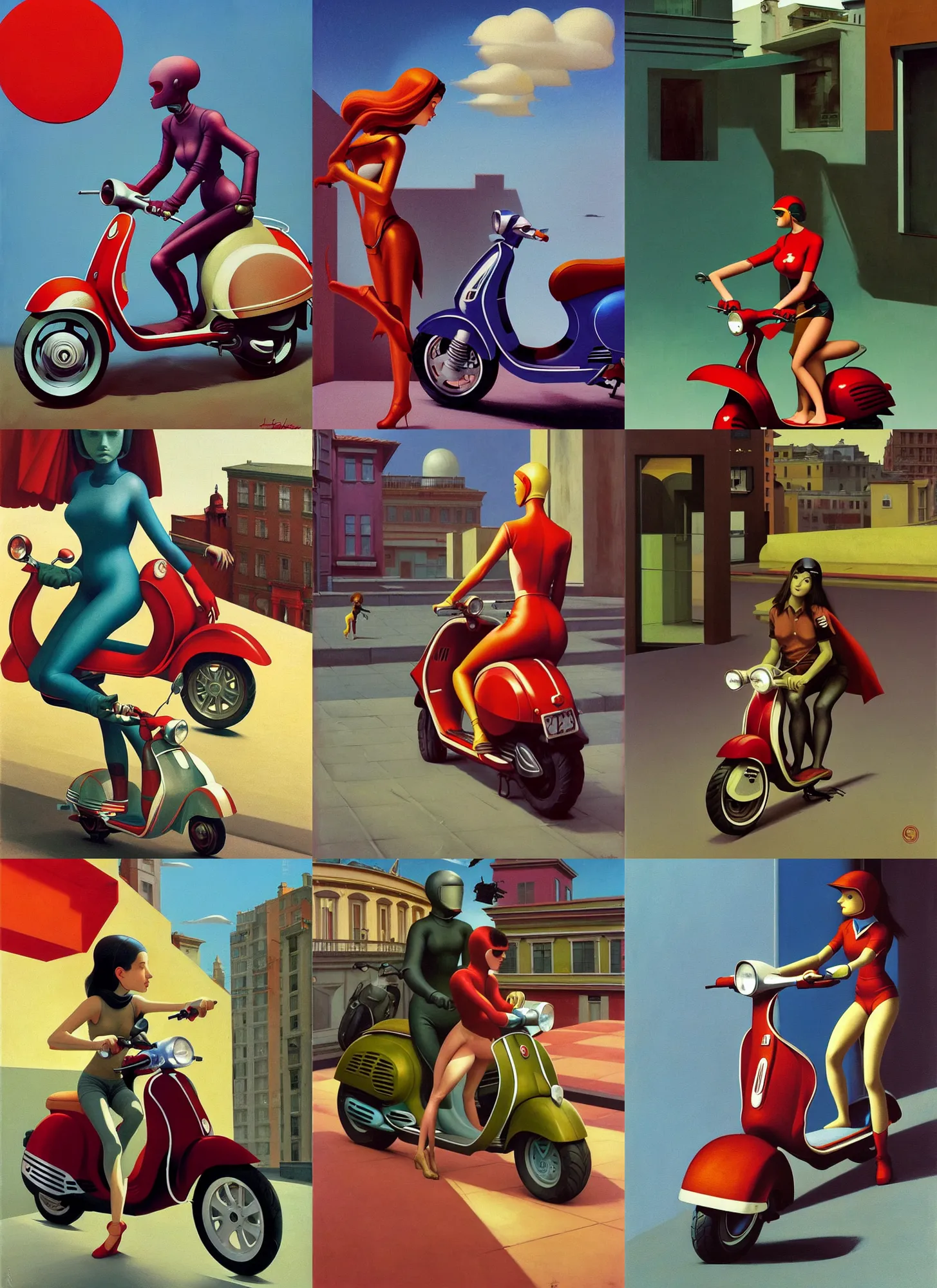 Prompt: Detailed scene of the scooter girl superhero saving the day on her vespa, Edward Hopper and James Gilleard, Zdzislaw Beksinski, Mark Ryden, Wolfgang Lettl highly detailed, hints of Yayoi Kasuma