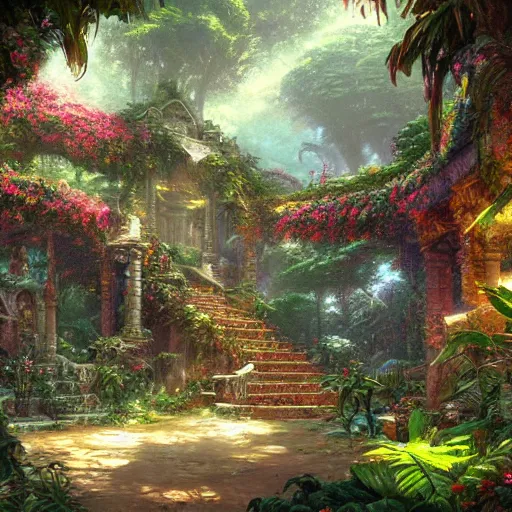 Prompt: a jungle temple surrounded by beautiful tropical flowers and plants, thomas kinkade, greg rutkowski, james gurney, trend in artstation