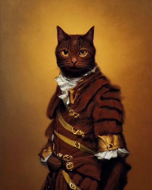 Prompt: portrait of cute brown cat with serious expression wearing 1 8 th century royal guard uniform, baroque painting, greg rutkowski