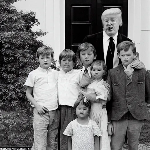 Image similar to one girl and three boys, they are siblings, the wall of a white house is in the beackground