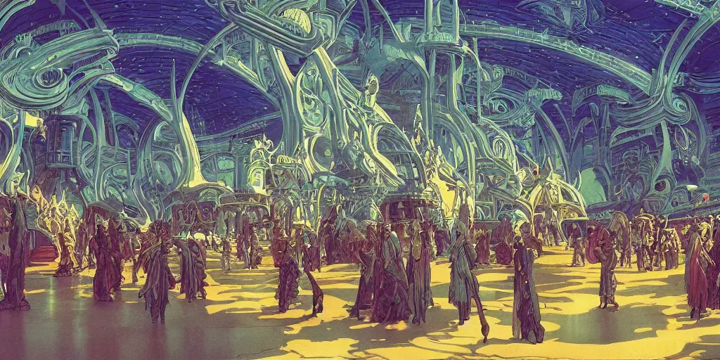 Prompt: a cinematic shot of the interior of a sci - fi space station with ornate elven architecture bustling with people by jean giraud moebius, crystalline, emerald, matte illustration by moebius