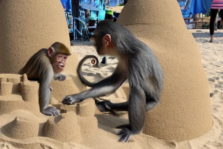 Prompt: a monkey touching a sand castle