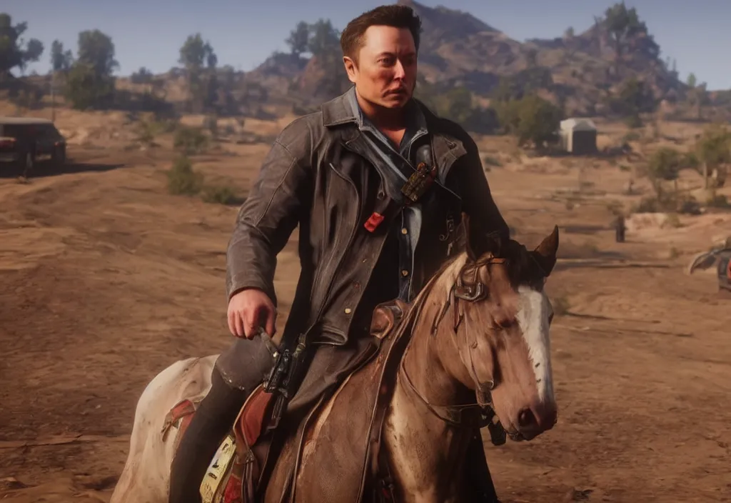 Image similar to elon musk in the red dead redemption 2, elon musk in the video game red dead redemption 2, gameplay screenshot, close up, 3 d rendering. unreal engine. amazing likeness. very detailed.