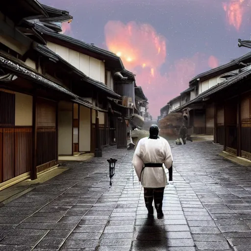 Prompt: keanue reeves wearing samurai armor walks in a street in a japanese village from 19th century in a star wars style, a x-wing is flying in the sky, rainy day, highly detailed, very highly detailed, 4k, photorealistic