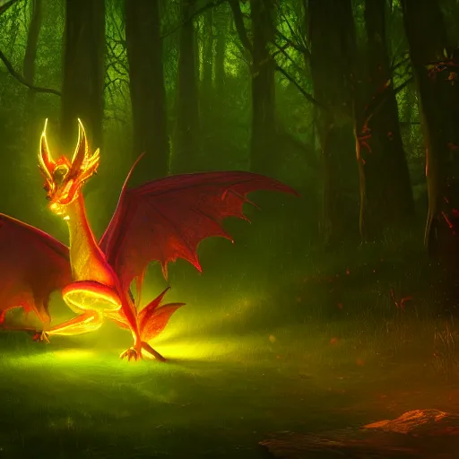 Image similar to brightly lit fairy dragon in a dim dark forest colorful 4 k path traced high definition detailed artstation realistic trending dramatic lighting