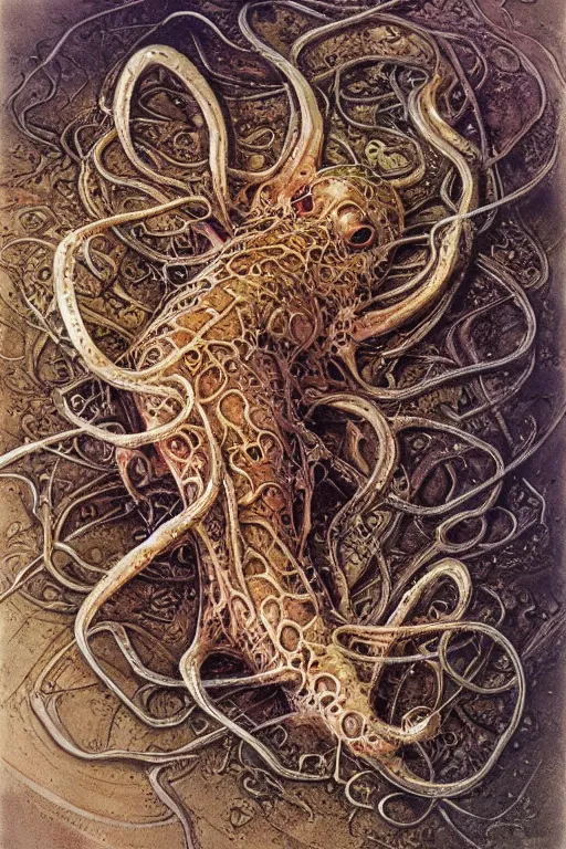 Image similar to eldritch biomechanical axolotl tentacle fish, masterpiece, intricate, elegant, highly detailed, digital painting, smooth, sharp focus, illustration, art by james gurney, graeme base, brian froud, alan lee