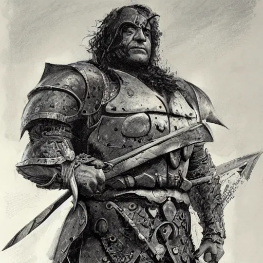 Image similar to portrait of danny devito wearing armor and holding sword by frank fazetta, fantasy, barbarian