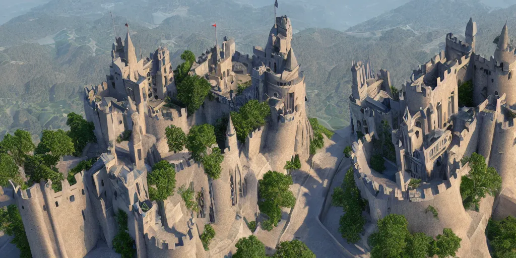 Prompt: 3 d render of a castle on the hill of a mountain design by antoni gaudi and zaha hadid, unreal engine render, highly detailed, 8 k