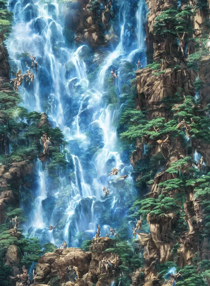 Prompt: avatar movie, sky, waterfalls, tall big rocks, hight detailed, drammatic light, art by Hajime Sorayama