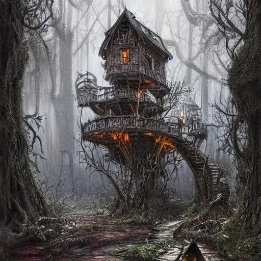 Image similar to dilapidated rotting treehouse, hidden away within the witchwood forest, evil fairies, overgrown, mist, detailed intricate ink illustration, dark atmosphere, detailed illustration, hd, 4k, digital art, overdetailed art, concept art, by greg rutkowski, by loish, complementing colors, Trending on artstation, deviantart