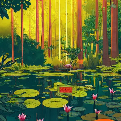 Image similar to a forest and the lily pond, that looks like it is from Borderlands, colorful, strong sunshine, high contrast, light and shadow, by Feng Zhu and Loish and Laurie Greasley, Victo Ngai, Andreas Rocha, John Harris