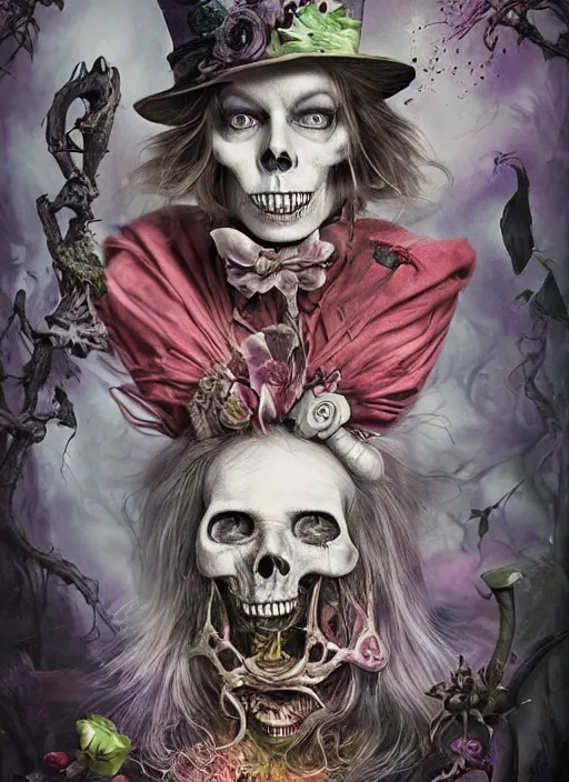 Image similar to Alice in Wonderland Mad Hatter Death Tarot card,highly detailed,half skull face,cinematic,8k,by Stanley Artgermm,Tom Bagshaw,Greg Rutkowski,Carne Griffiths, Ayami Kojima, Beksinski, Giger,Anne Stokes, Benjamin Lacombe, Naoto Hattori,trending on DeviantArt,hyper detailed,horror, full of colour