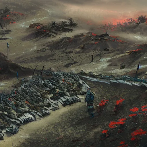 Image similar to detailed detailed digital art of a battlefield between samurai, trending on artstation