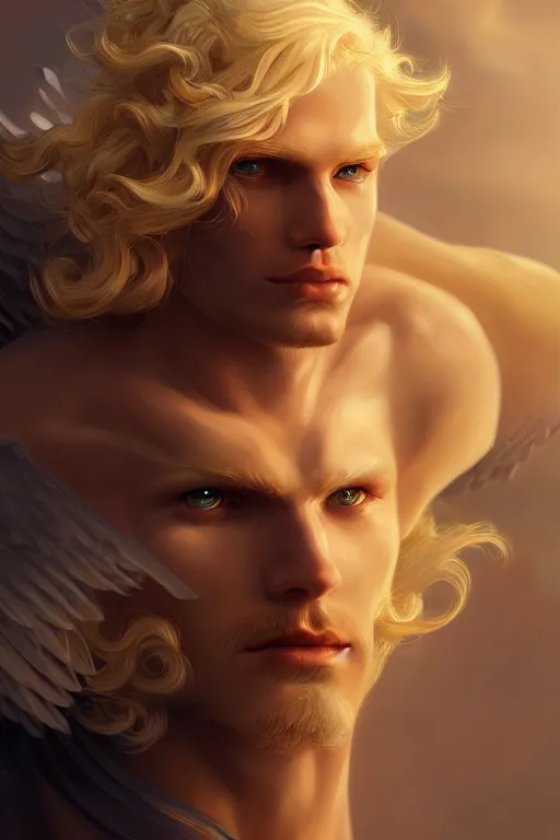 Image similar to digital art of a pale menacing male Cyborg Angel of Battle with fluffy blond curls of hair and piercing eyes, central composition, he commands the fiery power of resonance and wrath, very very long blond curly hair, baroque curls, by WLOP, Artstation, CGsociety