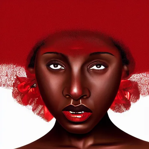 Prompt: deep red by bill gekas energetic, distorted. a illustration of a head & shoulders view of a woman with dark skin. the woman's hair is styled in braids, & she is wearing a headscarf. she has large, dark eyes, & her expression is solemn.