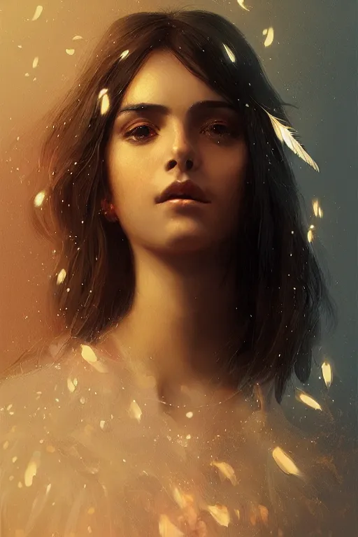 Image similar to portrait of spanish girl with feather background, staring directly into camera, intricate, elegant, glowing lights, highly detailed, digital painting, artstation, sharp focus, illustration, art by wlop, mars ravelo and greg rutkowski