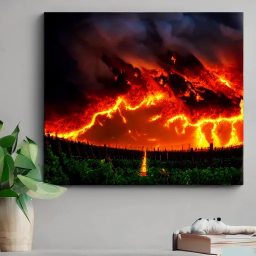 Image similar to burning vineyards in a thunderstorm, art station, ghost in the sky, detailed