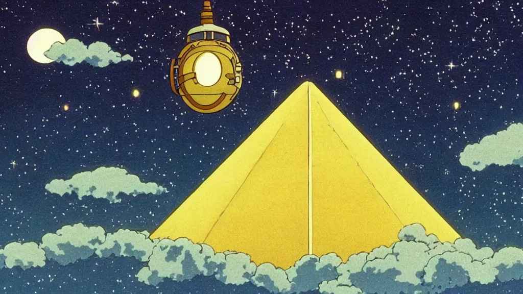 Image similar to a movie still from a studio ghibli film showing a large white pyramid and a golden ufo on a misty and starry night. by studio ghibli