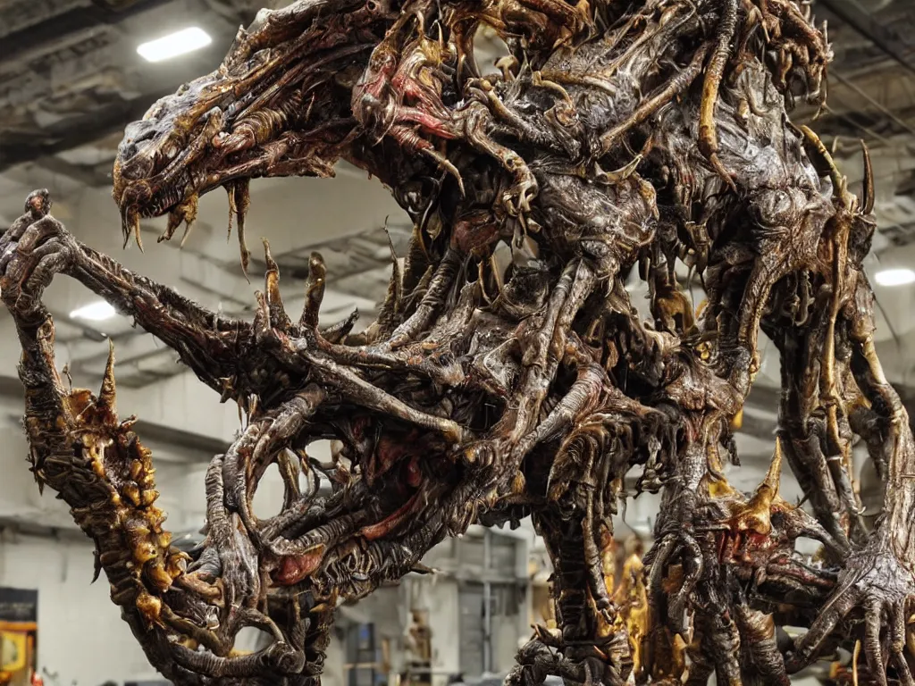 Image similar to photo taken of an epic intricate, ultra detailed, super realistic gritty, hero prop, exquisitely painted animatronic movie prop of a grotesque nightmarish hellish alien creature displayed in the workshop, created by weta workshop, full body shot, photorealistic, sharp focus