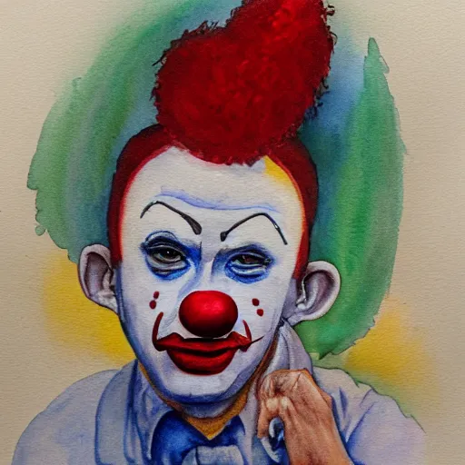 Prompt: sad clown finally getting the therapy they need, watercolor painting