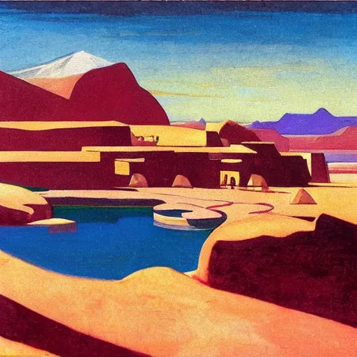 Prompt: a oil painting of a harem pool in a desertic landscape surrounded by mountain, stylised storm, by nicholas roerich, by frank frazetta by georgia o keeffe by frederick william elwell, by hans emmenegger, by eyvind earle highly detailed, realistic, outline, line work, fantasy, oriental, stylised flat colors, animation