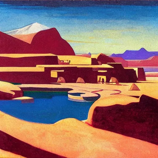 Image similar to a oil painting of a harem pool in a desertic landscape surrounded by mountain, stylised storm, by nicholas roerich, by frank frazetta by georgia o keeffe by frederick william elwell, by hans emmenegger, by eyvind earle highly detailed, realistic, outline, line work, fantasy, oriental, stylised flat colors, animation