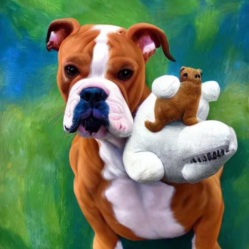 Image similar to pitbull bulldog mix with brindle coat and white paws and white chest playing with a dinosaur plushie. oil painting. impressionist. sunny day.