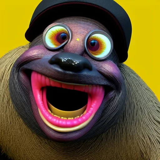 Prompt: a detailed 3 d render of a laughing pete davidson poorly disguised as a sloth in the style of junji ito and lisa frank, vray, 8 k, ornate, photorealistic, zbrush, unreal engine, cinema 4 d, octane renderer