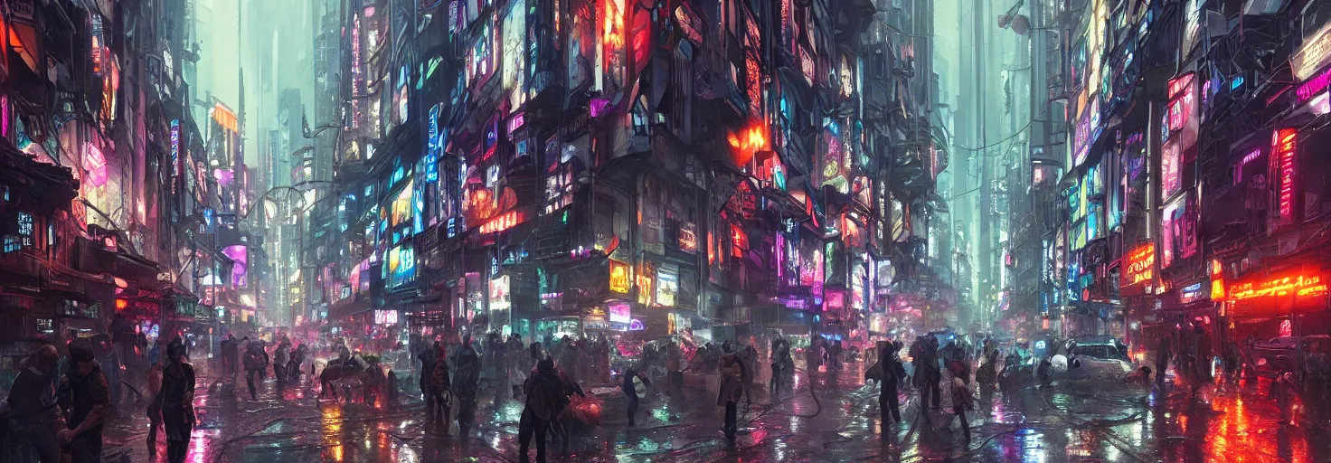 Image similar to overly crowded street of a cyberpunk city, rain, harsh neon lights, highly detailed, digital painting, trending on artstation, concept art, sharp focus, illustration, art by artgerm and greg rutkowski and magali villeneuve