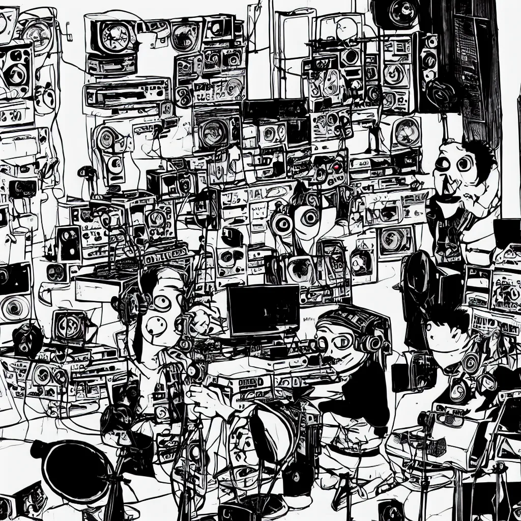 Prompt: podcast in a radio station, jamie hewlett artwork