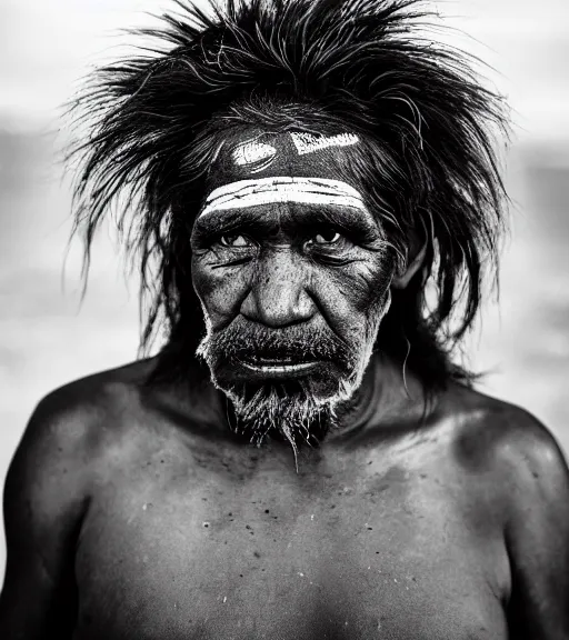 Image similar to Award winning reportage photo of Tuvalu Natives with incredible insane hair and beautiful hyper-detailed eyes wearing traditional garb by Lee Jeffries, 85mm ND 5, perfect lighting, gelatin silver process