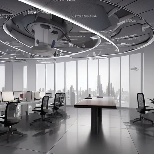 Image similar to futuristic utopian office space, fin - tech company in the future, high detail, fantasy scifi illustration