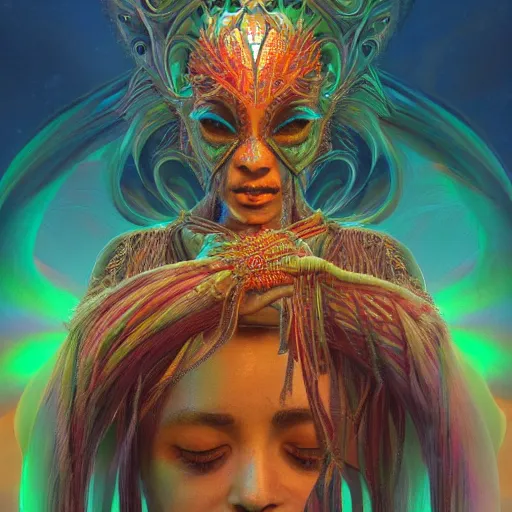 Image similar to fantasy art, highly detailed, beautiful, surreal, ayahuasca shaman, smooth, trending on artstation, beautiful, serene, meditating, digital art, prismatic, light diffusion, digital art, smooth render, octane render, dmt, by moebius