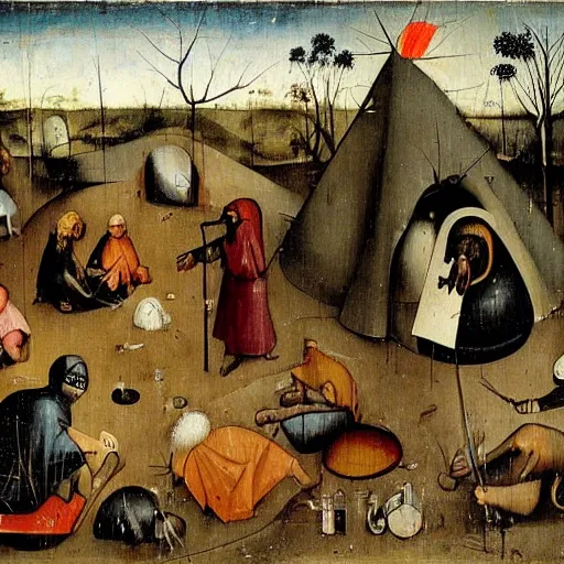 Prompt: homeless alchemist camp in the australian bush, hieronymus bosch