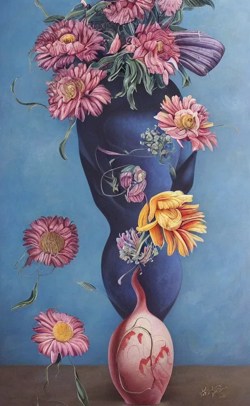 Image similar to a biomorphic painting of a vase with flowers in it, a surrealist painting by Bridget Bate Tichenor, by Georgia O'Keeffe, by Amanda Sage, featured on deviantart, metaphysical painting, oil on canvas, acrylic art, airbrush art